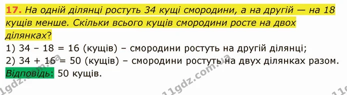17. На одній ділянці ростуть 34 кущі смородини, а на другій — на 18 кущів менше. Скільки всього кущів смородини росте на двох ділянках? — ГДЗ Математика 5 клас Мерзляк