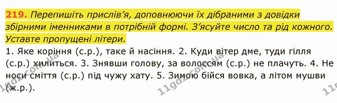 219. Перепишіть прислів’я, доповнюючи їх дібраними з довідки збірними іменниками в потрібній формі. З’ясуйте число та рід кожного — ГДЗ Українська мова 6 клас Глазова