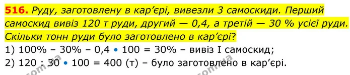 516. Руду, заготовлену в кар’єрі, вивезли 3 самоскиди. Перший самоскид вивіз 120 т руди, другий — 0,4, а третій — 30 % усієї руди — ГДЗ Математика 6 клас Кравчук 2023