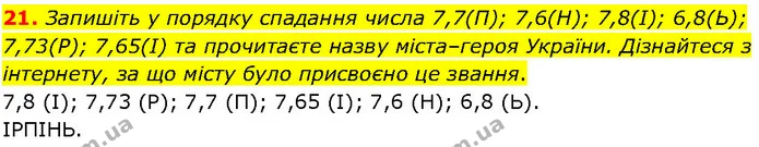 21. Запишіть у порядку спадання числа 7,7(П); 7,6(H); 7,8(І); 6,8(Ь); 7,73(Р); 7,65(І) та прочитаєте назву міста–героя України — ГДЗ Алгебра 7 клас Істер 2024