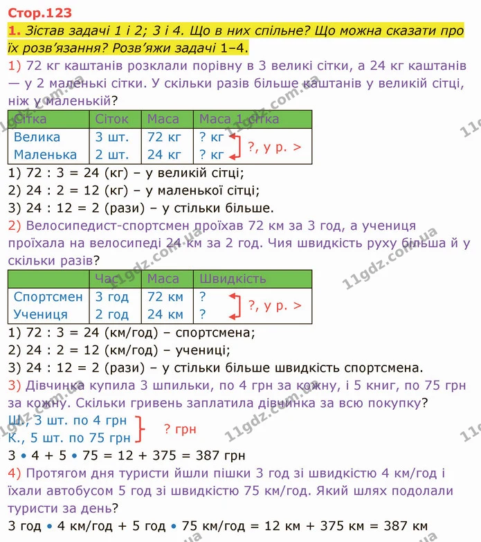 1. Зістав задачі 1 і 2; 3 і 4. Що в них спільне? Що можна сказати про їх розв’язання? Розв’яжи задачі 1–4. — ГДЗ Математика 4 клас Скворцова