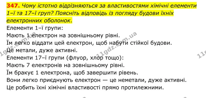 347. Чому істотно відрізняються за властивостями хімічні елементи 1–ї та 17–ї груп? Поясніть відповідь із погляду будови їхніх — ГДЗ Хімія 8 клас Григорович