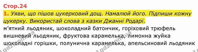 1. Уяви, що пішов цукерковий дощ. Намалюй його. Підпиши кожну цукерку. Використай слова з казки Джанні Родарі. — ГДЗ Робочий зошит Українська мова 2 клас Большакова 1 ч. - 2 ч.