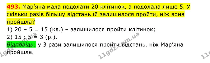 493. Мар’яна мала подолати 20 клітинок, а подолала лише 5. У скільки разів більшу відстань їй залишилося пройти, ніж вона пройшла? — ГДЗ Математика 3 клас Будна 1-2 ч.