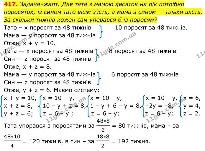 417. Задача–жарт. Для тата з мамою десяток на рік потрібно поросяток, із сином тато вісім з’їсть, а мама з сином — тільки шість. За — ГДЗ Алгебра 8 клас Бевз