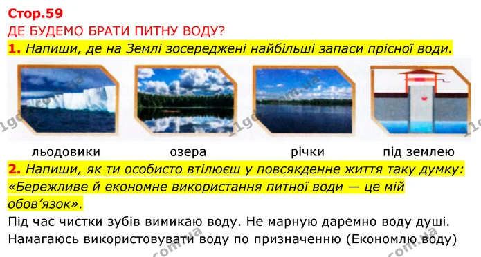 1. Напиши, де на Землі зосереджені найбільші запаси прісної води. — ГДЗ Робочий зошит Я досліджую світ 4 клас Грущинська