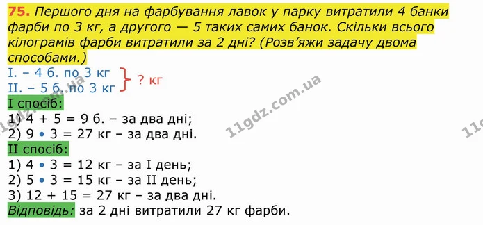 75. Першого дня на фарбування лавок у парку витратили 4 банки фарби по 3 кг, а другого — 5 таких самих банок. Скільки всього кілограмів — ГДЗ Математика 4 клас Лишенко 1-2 ч.