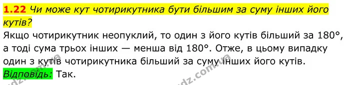 1.22 Чи може кут чотирикутника бути більшим за суму інших його кутів? — ГДЗ Геометрія 8 клас Істер