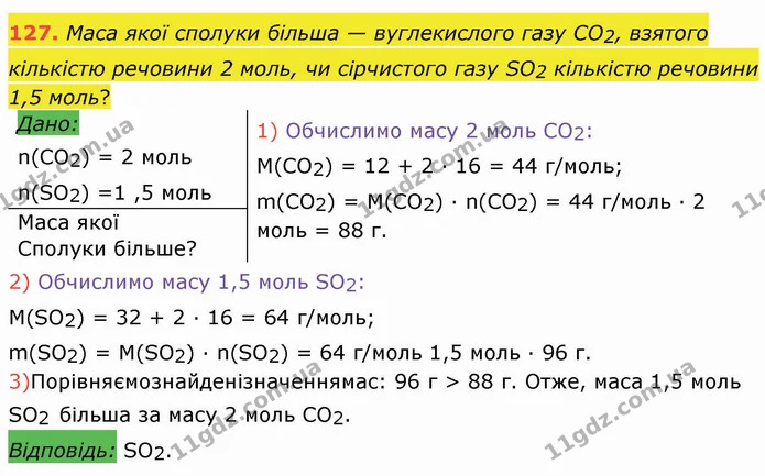 127. Маса якої сполуки більша — вуглекислого газу СО2, взятого кількістю речовини 2 моль, чи сірчистого газу SO2 кількістю речовини 1,5 — ГДЗ Хімія 8 клас Попель