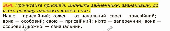 364. Прочитайте прислів’я. Випишіть займенники, зазначивши, до якого розряду належить кожен з них. — ГДЗ Українська мова 6 клас Заболотний 2019
