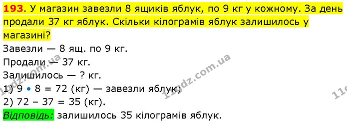 193. У магазин завезли 8 ящиків яблук, по 9 кг у кожному. За день продали 37 кг яблук. Скільки кілограмів яблук залишилось у магазині? — ГДЗ Математика 3 клас Будна 1-2 ч.