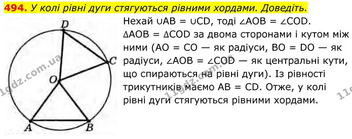 494. У колі рівні дуги стягуються рівними хордами. Доведіть. — ГДЗ Геометрія 8 клас Бурда