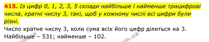 415. Із цифр 0, 1, 2, 3, 5 склади найбільше і найменше трицифрові числа, кратні числу 3, такі, щоб у кожному числі всі цифри були — ГДЗ Математика 6 клас Істер 2023 1-2 ч.
