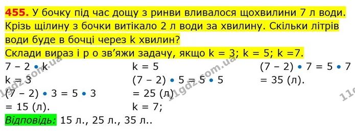455. У бочку під час дощу з ринви вливалося щохвилини 7 л води. Крізь щілину з бочки витікало 2 л води за хвилину. Скільки літрів води — ГДЗ Математика 3 клас Будна 1-2 ч.