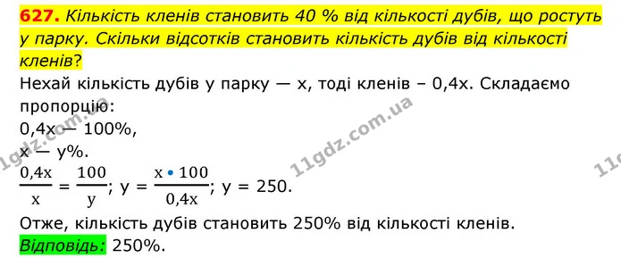 627. Кількість кленів становить 40 % від кількості дубів, що ростуть у парку. Скільки відсотків становить кількість дубів від кількості — ГДЗ Математика 6 клас Мерзляк 2023 1-2 ч.