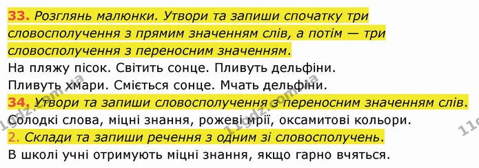 33. Розглянь малюнки. Утвори та запиши спочатку три словосполучення з прямим значенням слів, а потім — три словосполучення з переносним — ГДЗ Українська мова та читання 4 клас Кравцова