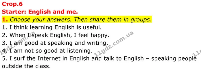 1. Choose your answers. Then share them in groups. — ГДЗ Англійська мова 6 клас Карпюк 2023