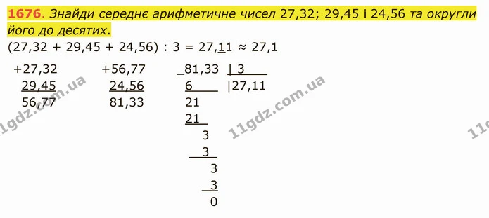1676. Знайди середнє арифметичне чисел 27,32; 29,45 і 24,56 та округли його до десятих. — ГДЗ Математика 5 клас Істер 2022