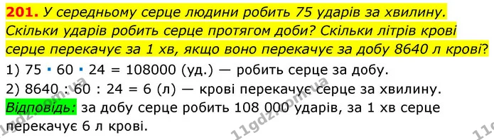 201. У середньому серце людини робить 75 ударів за хвилину. Скільки ударів робить серце протягом доби? Скільки літрів крові серце — ГДЗ Математика 6 клас Мерзляк 2023 1-2 ч.
