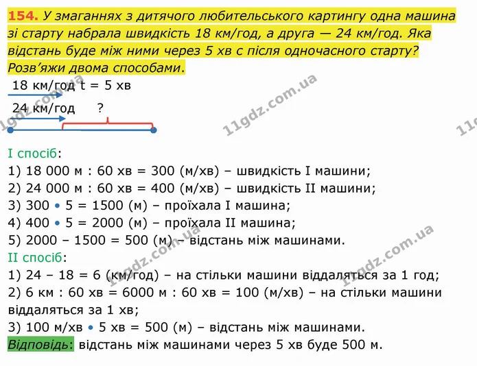 154. У змаганнях з дитячого любительського картингу одна машина зі старту набрала швидкість 18 км/год, а друга — 24 км/год. Яка — ГДЗ Математика 4 клас Лишенко 1-2 ч.