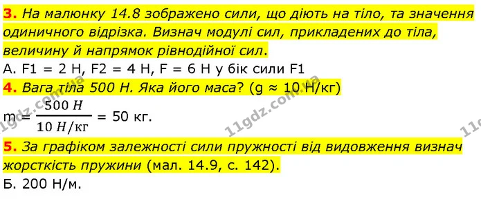 3. На малюнку 14.8 зображено сили, що діють на тіло, та значення одиничного відрізка. Визнач модулі сил, прикладених до тіла, величину — ГДЗ Фізика 7 клас Засєкіна