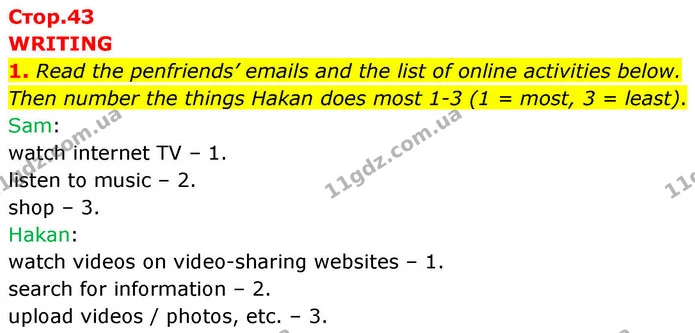 1. Read the penfriends’ emails and the list of online activities below. Then number the things Hakan does most 1-3 (1 = most, 3 = — ГДЗ робочий зошит Англійська мова 7 клас Prepare