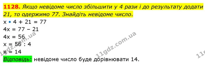 1128. Якщо невідоме число збільшити у 4 рази і до результату додати 21, то одержимо 77. Знайдіть невідоме число. — ГДЗ Математика 5 клас Кравчук