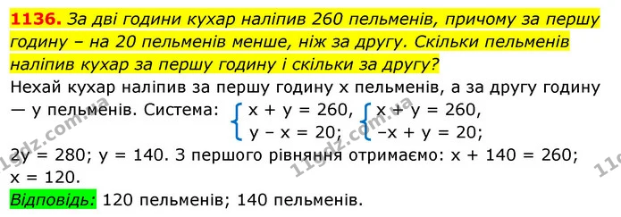 1136. За дві години кухар наліпив 260 пельменів, причому за першу годину – на 20 пельменів менше, ніж за другу. Скільки пельменів — ГДЗ Алгебра 7 клас Істер 2020