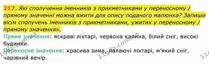217. Які сполучення іменників з прикметниками у переносному / прямому значенні можна вжити для опису поданого малюнка? Запиши вісім — ГДЗ Українська мова та читання 4 клас Кравцова