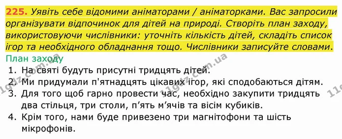 225. Уявіть себе відомими аніматорами / аніматорками. Вас запросили організувати відпочинок для дітей на природі. Створіть план заходу — ГДЗ Українська мова та читання 4 клас Кравцова