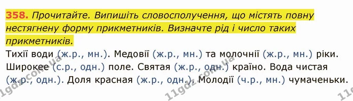 358. Прочитайте. Випишіть словосполучення, що містять повну нестягнену форму прикметників. Визначте рід і число таких прикметників. — ГДЗ Українська мова 6 клас Глазова