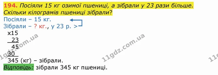 194. Посіяли 15 кг озимої пшениці, а зібрали у 23 рази більше. Скільки кілограмів пшениці зібрали? — ГДЗ Математика 4 клас Лишенко 1-2 ч.
