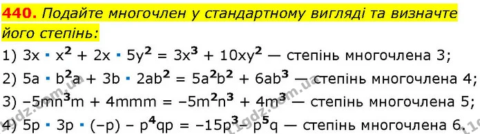 440. Подайте многочлен у стандартному вигляді та визначте — ГДЗ Алгебра 7 клас Істер 2024