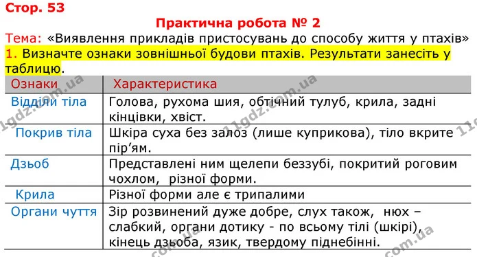 1. Визначте ознаки зовнішньої будови птахів. Результати занесіть у таблицю. — ГДЗ Робочий зошит з Біології 7 клас Яременко