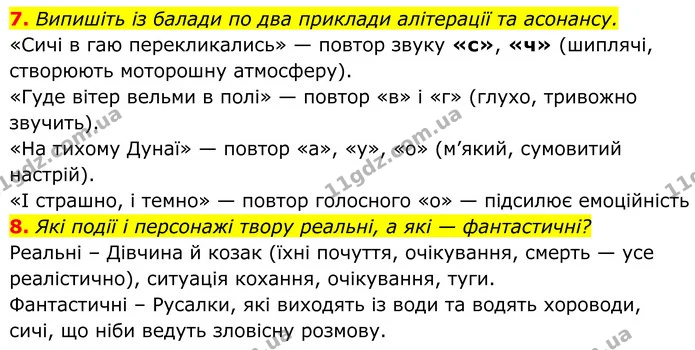 7. Випишіть із балади по два приклади алітерації та асонансу. — ГДЗ Українська література 8 клас Авраменко