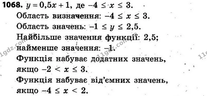 1068. Побудуйте графік функції у = 0,5х + 1, де –4 ≤ x ≤ 3. Яка область визначення та область значень функції? Чому дорівнюють — ГДЗ Алгебра 7 клас Кравчук 2015