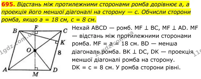 695. Відстань між протилежними сторонами ромба дорівнює a, а проекція його меншої діагоналі на сторону — c. Обчисли сторони ромба, якщо — ГДЗ Геометрія 8 клас Бевз