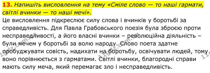 13. Напишіть висловлення на тему «Сміле слово — то наші гармати, світлі вчинки — то наші мечі». — ГДЗ Українська література 8 клас Калинич