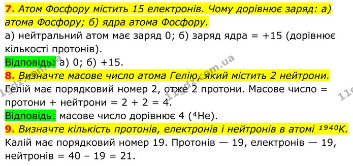 7. Атом Фосфору містить 15 електронів. Чому дорівнює заряд: а) атома Фосфору; б) ядра атома Фосфору. — ГДЗ Хімія 8 клас Мідак