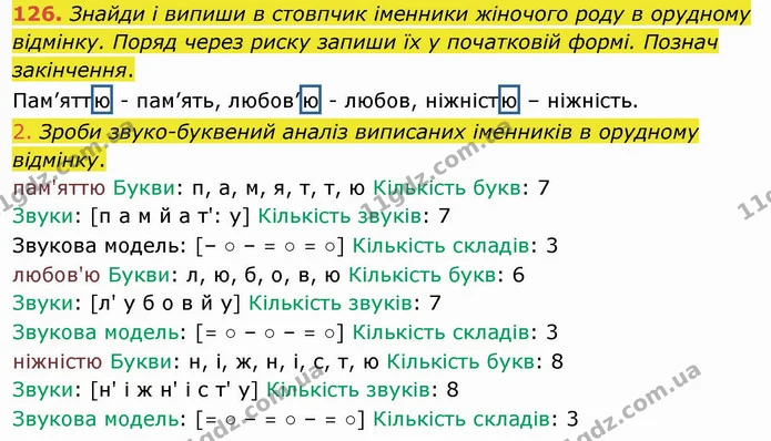 126. Знайди і випиши в стовпчик іменники жіночого роду в орудному відмінку. Поряд через риску запиши їх у початковій формі. Познач — ГДЗ Українська мова та читання 4 клас Коваленко