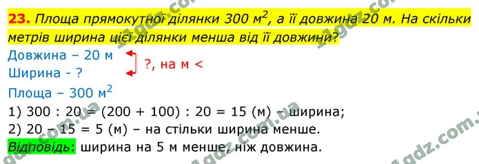 23. Площа прямокутної ділянки 300 м2, а її довжина 20 м. На скільки — ГДЗ Математика 4 клас Логачевська 1-2 ч. 2021