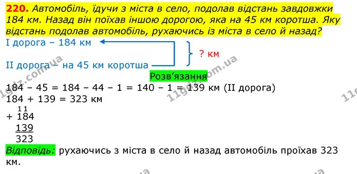 220. Автомобіль, їдучи з міста в село, подолав відстань завдовжки 184 км. Назад він поїхав іншою дорогою, яка на 45 км коротша. Яку — ГДЗ Математика 3 клас Листопад 1-2 ч.