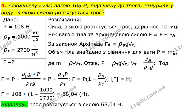 4. Алюмінієву кулю вагою 108 Н, підвішену до троса, занурили у воду. З якою силою розтягується трос? — ГДЗ Фізика 7 клас Засєкіна