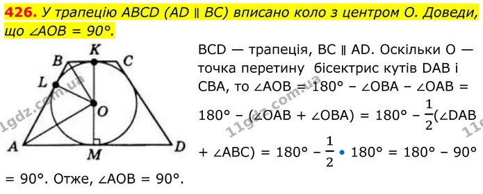 426. У трапецію ABCD (AD ∥ BC) вписано коло з центром O. Доведи, що ∠AOB = 90°. — ГДЗ Геометрія 8 клас Бевз