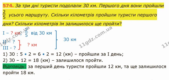 574. За три дні туристи подолали 30 км. Першого дня вони пройшли усього маршруту. Скільки кілометрів пройшли туристи першого дня? — ГДЗ Математика 4 клас Оляницька