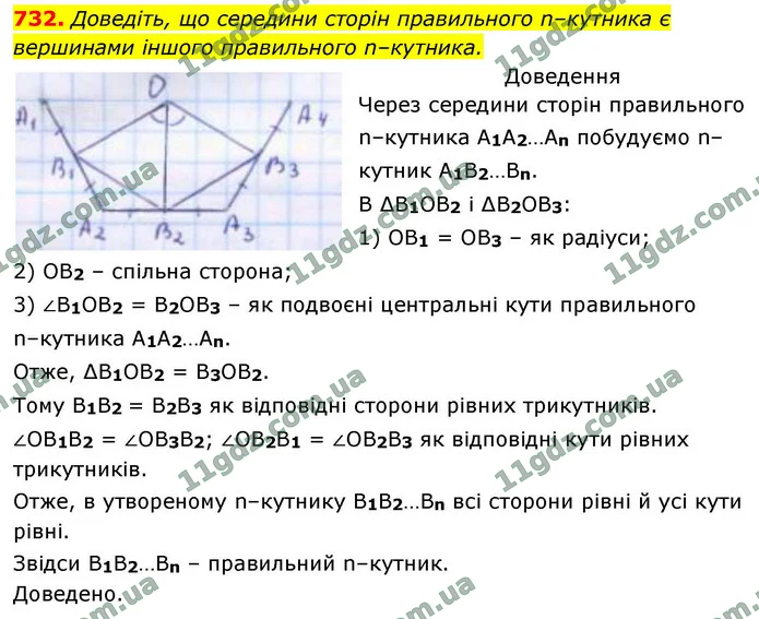732. Доведіть, що середини сторін правильного n–кутника є вершинами іншого правильного n–кутника. — ГДЗ Геометрія 9 клас Бурда 2026