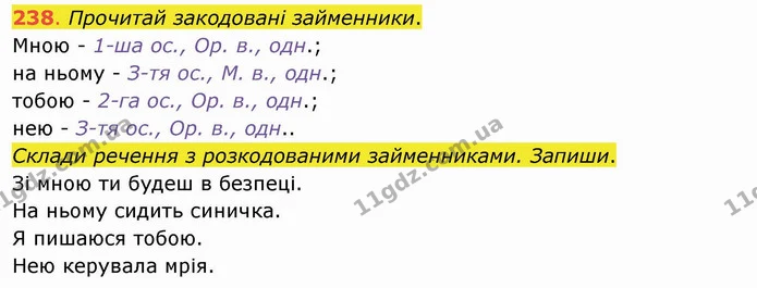 238. Прочитай закодовані займенники. Мною - 1-ша ос., Ор. в., одн.; — ГДЗ Українська мова та читання 4 клас Захарійчук
