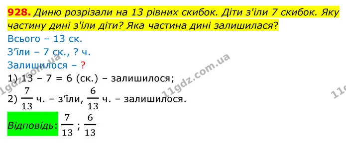 928. Диню розрiзали на 13 рiвних скибок. Дiти з'iли 7 скибок. Яку частину динi з'iли дiти? Яка частина динi залишилася? — ГДЗ Математика 5 клас Бевз