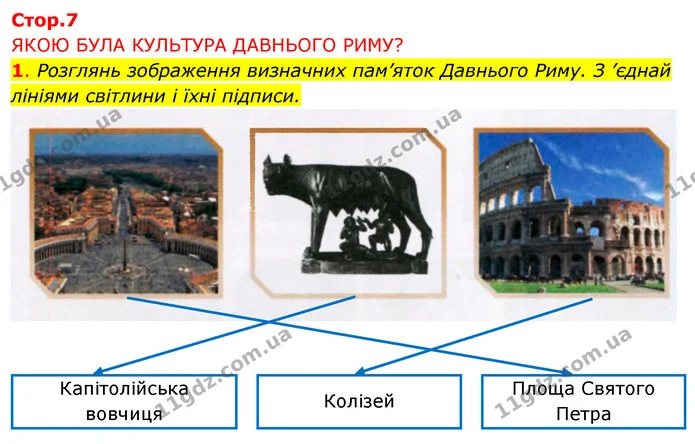 1. Розглянь зображення визначних пам’яток Давнього Риму. З ’єднай лініями світлини і їхні підписи. — ГДЗ Робочий зошит Я досліджую світ 4 клас Грущинська