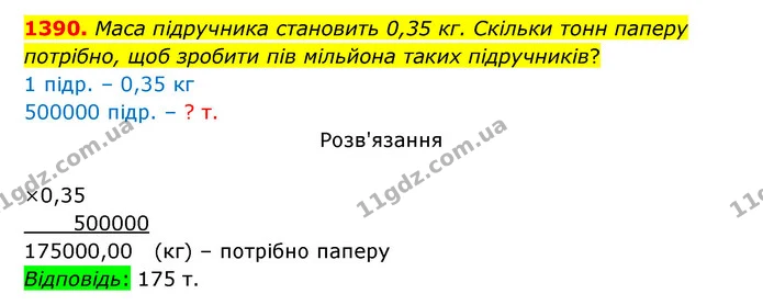 1390. Маса підручника становить 0,35 кг. Скільки тонн паперу потрібно, щоб зробити пів мільйона таких підручників? — ГДЗ Математика 5 клас Бевз